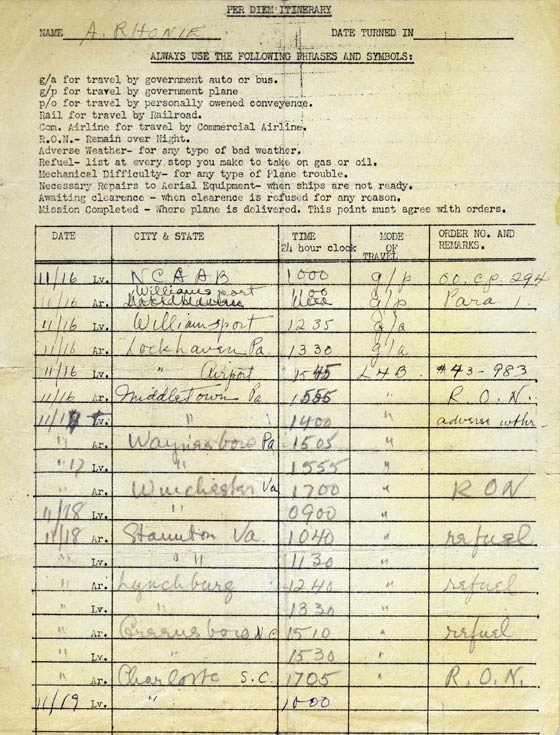 Rhonie Ferry Flight Log, November 16-19, 1942 (Source: Roberts)